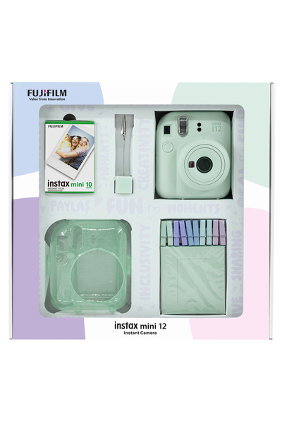 Fujifilm Instax mini 12 Yeşil Fotoğraf Makinesi 10'lu Film Simli Pleksi Kılıf Mandal ve Kıskaçlı Resim Standı