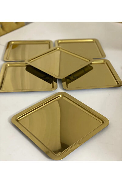 Mira züccaciye Lüx 6 Lı Kare Paslanmaz Çelik Gold Renk Çay,Kahve Dekoratif Sunum, Servis Tepsisi