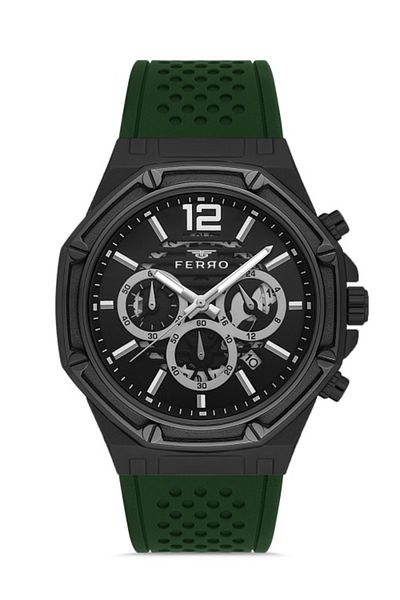 FERRO Green Black Dial Quartz Silicone 44mm Men's Wristwatch - Active Functions