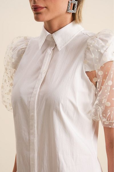 VERDA Cotton Shirt Dress - Polka Dot Sleeves and Tulle Detail