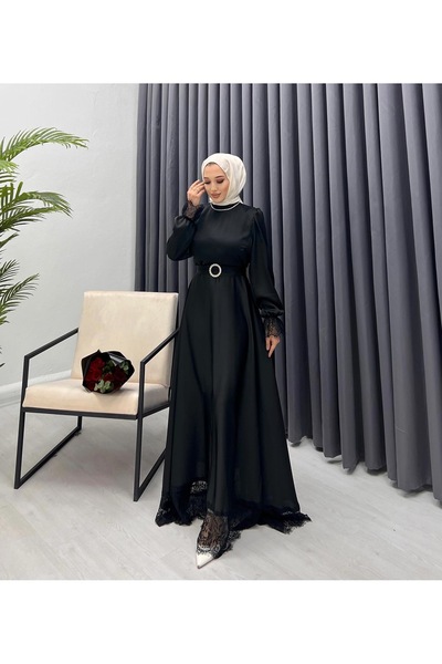 bezenstore Black Evening Dress - Guipure Detailed