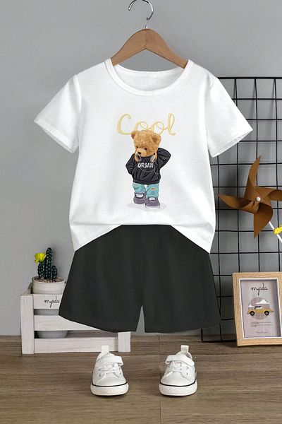 MYADA Cool Bear Printed 2-Piece Kids Set - Crew Neck and Elastic Shorts 11003
