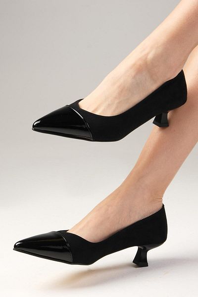 Mio Gusto Elenor Black Color Patent Leather and Suede Combination Low Heel Shoes