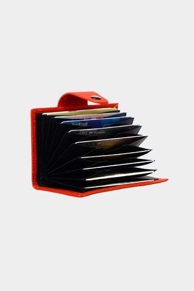 Grande 827 Model Red Genuine Leather - Accordion Card Holder Wallet with Vertical and Snap Fasteners