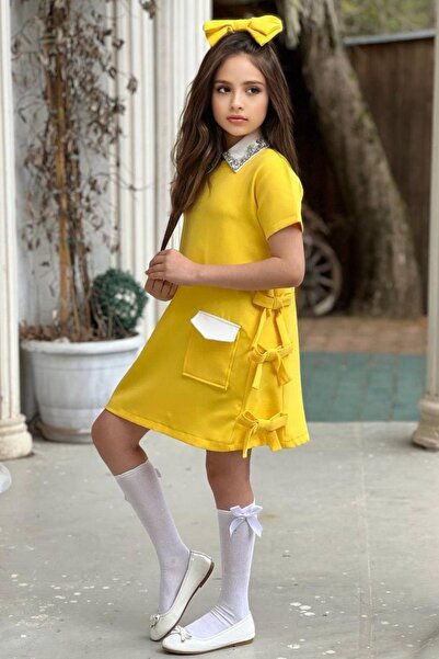 Riccotarz Jewelled Embroidered Yellow Girl's Dress - Short Sleeve, Bow Detail and Pocket