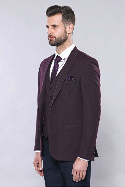 Wessi Düz Bordo Slim Fit Yelek Ceket Set | Wessi