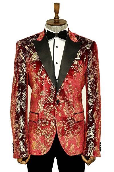 Wessi Dik Yaka Slim Fit Altın Desenli Bordo Balo Ceket - Wessi