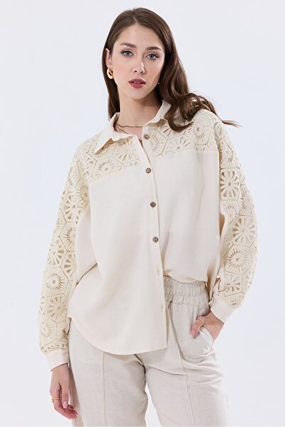 MD trend Linen Women's Shirt with Balloon Sleeves - Lace Detail