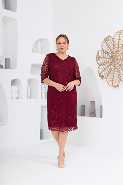 RMG Dantel ve Pul Payet detaylı Astarlı Büyük Beden Elbise Bordo1