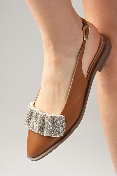 Mio Gusto Aisha Genuine Leather Tan Color Drawstring Stone Banded Women's Flats Daily Flat Shoes