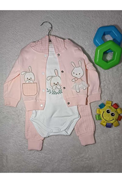 MİNİCEY BABY Mc Elci Baby Girl Rabbit Embroidered 3 Piece Hooded Long Sleeve ...