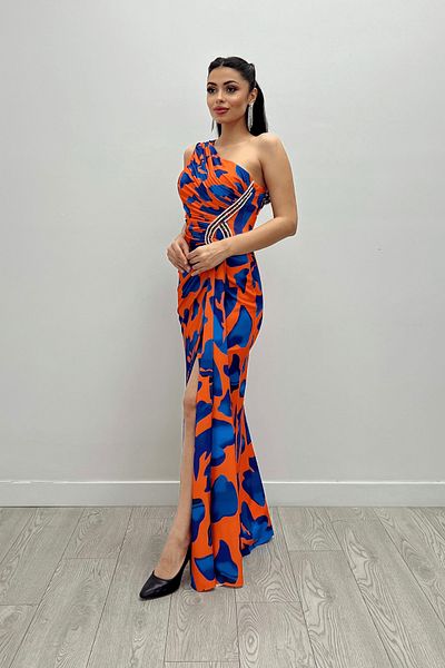 giyimmasalı Orange Draped and Stone Detailed Jersey Fish Dress