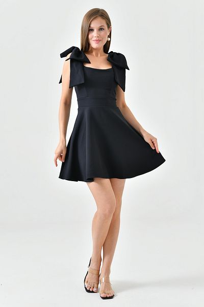 WOMAN VISION Black Atlas Fabric Strapless Neckline Lacing Strap Detail Flared Cutout Short Evening Dress 2030