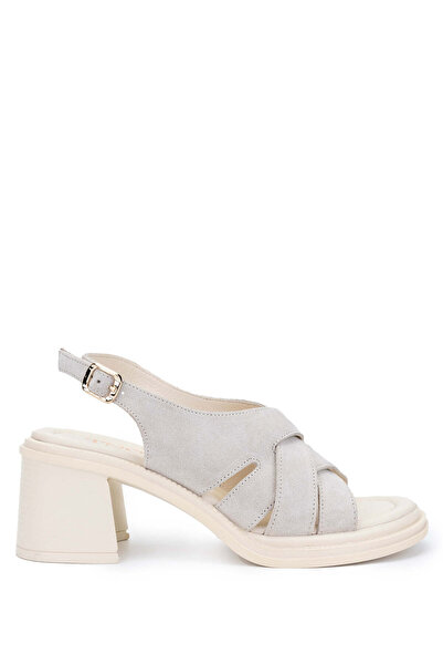 Tamer Tanca Beige Suede Heeled Women's Sandals - Genuine Leather
