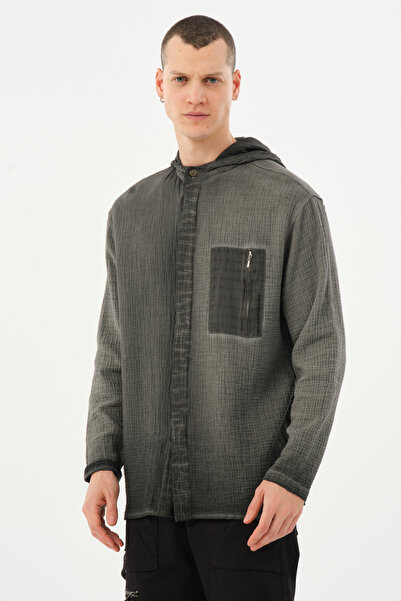 Ex-pent Erkek Müslin Dokuma Cepli Yıkamalı Gri Gömlek GE9108-5212