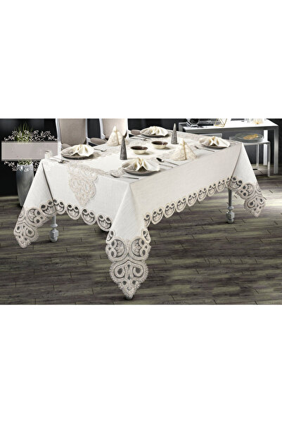 Haspen Elvan Set 12 Peçeteli Linen Kumaş Fransız Güpürlü 26 Parça Lüks Yemek Takımı