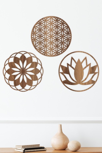 UNT Floare de lotus din lemn, floarea vieții și mandala triplă decorativă pen...