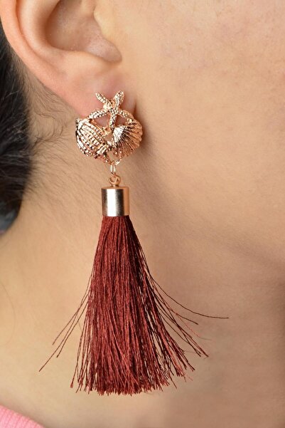 AKIN AKSESUAR HEDİYELİK Gold Colored Starfish and Oyster Detailed Long Tassel...