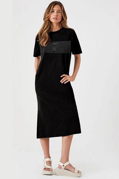 ROCKANDROLL Black Striped Dog Pattern Long Combed Cotton Dress - Crew Neck, Short Sleeve