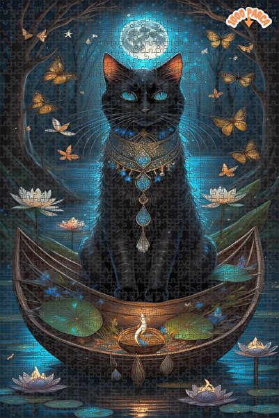 Teona Ahşap GECE KARANLIĞINDA Kİ SİYAH KEDİ Çift Katlı Çerçeveli Asılabilir A...