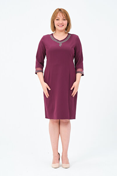 Oktay فستان سهرة من الكريب المستورد ذو الياقة والأكمام من التول المستورد بالل...