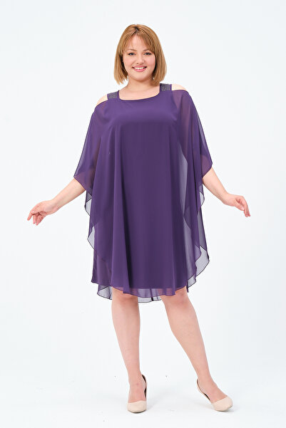 Oktay Sağlam Şifon Askılı Omuzları Taşlı Mor Renk Büyük Beden Abiye Elbise