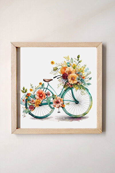 Tooall Πίνακας ποδηλάτου διακοσμημένο με ξύλινο πλαίσιο, λουλούδια με εφέ ακουαρέλας, ακουαρέλα