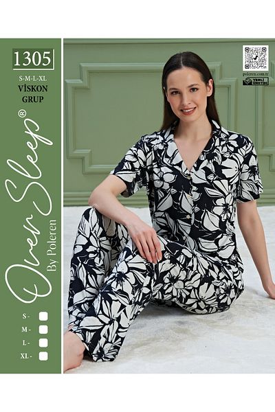 OVERSLEEP Set pijamale cu mânecă scurtă, cu nasturi