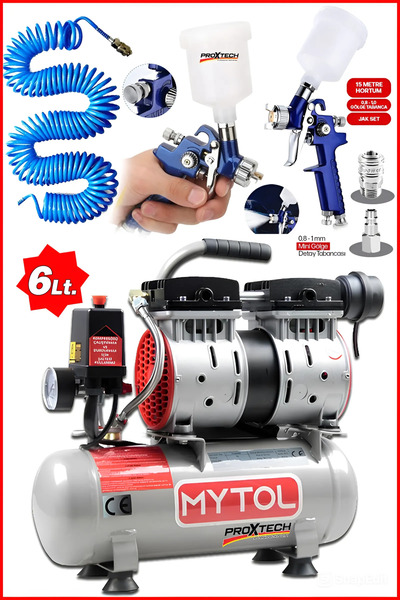 PROXTECH 6 Litre Sessiz Yağsız Hızlı Hava Kompresörü Hızlı Dolum 8 Bar Profesyonel Boya Seti Gölge Tabancası