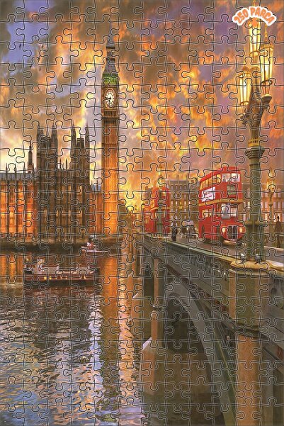 Teona Ahşap Londra'da Günbatımı Dekoratif Çift Katlı Çerçeveli Asılabilir Ahş...