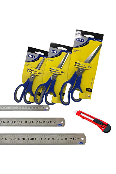 Mas 25+22+20 cm Scissors Set and 15+30+50 cm Steel Ruler Set - Utility Knife Gift