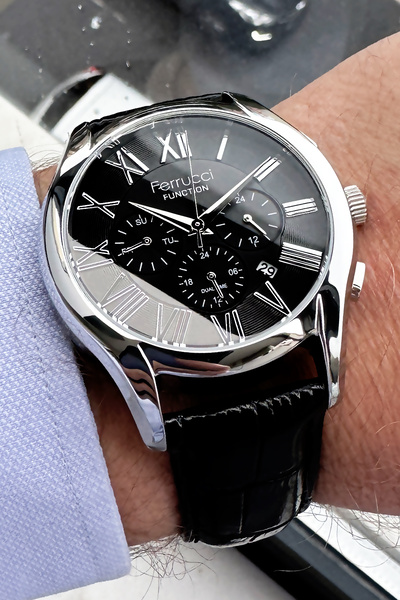 Ferrucci Function Erkek Kol Saati 3 Atm Su Geçirmez Siyah Deri Kordon + Hediye Bileklik FRE2046C5