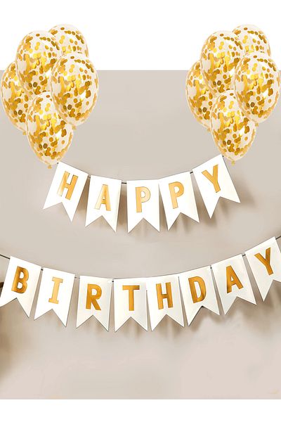 Parti dolabı Hapyy Birthday - Σετ διαφανές μπαλόνι με πανό από λευκό χρυσό και καραμέλα
