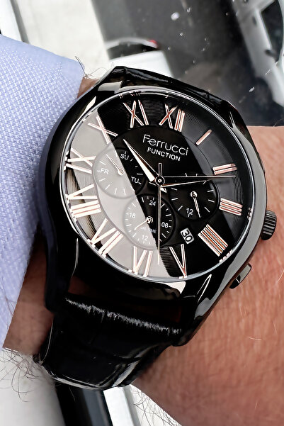 Ferrucci Function Erkek Kol Saati 3 Atm Su Geçirmez Siyah Deri Kordon + Hediye Bileklik FRE2046C4