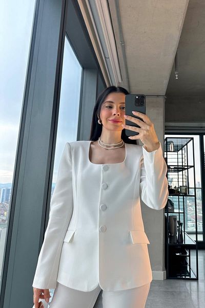 My Blog Premium White Round Collar Jacket and Pants Set