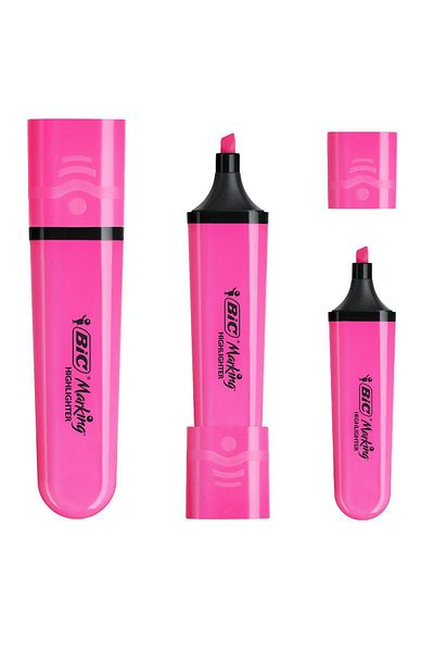 Bic 12 Pink Highlighter Pens - Marking Flat