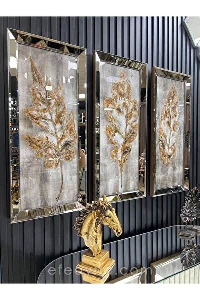 Efe Ayna GÜZ YAPRAKLARI- 3'LÜ BRONZ AYNA TABLO SETİ-40x90cm  (40x90cm  x 3adet tablo )