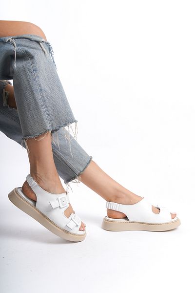 LuisPerry White Leather Comfort Women's Sandals - Ankle Strap, Double Buckle