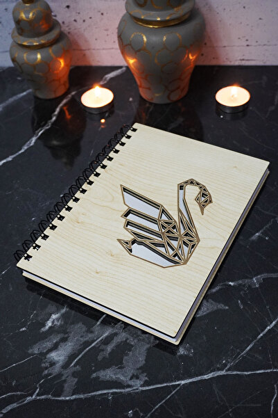 markcat Wooden Covered Swan Figured Daily Notebook - Unlined Agenda - A5 Memory Book