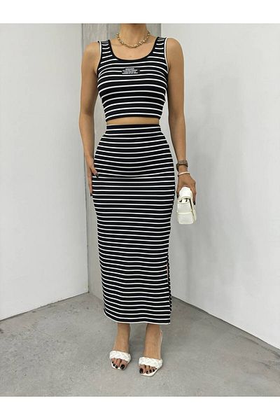 BİKELİFE Damen-Set mit gestreiftem Crop-Top und Midirock