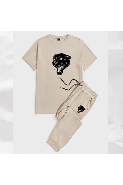NO 601 Beige Oversize T-Shirt and Summer Tracksuit - BLACK TIGER BSK Sports Set
