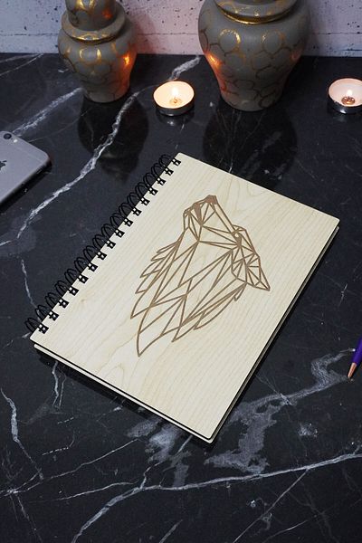 markcat Wolf Figure Notebook - Wooden Cover, Unlined, Daily Use, Agenda, A5 Memory Book