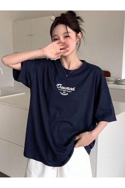over head oh Mornarsko plava Tisuća Štampano Žene Oversize kroj T-shirt