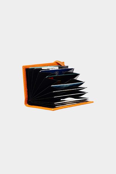 Grande G827-L Orange ACCordion Card HoLder - Genuine Leather and vertiCaL ELastiC WaLLet