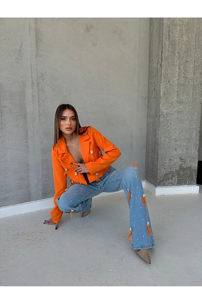 1Moda1Tarz Women's Orange Mom Jeans Woven Jacket Lined Stone and Tassel Combination Design Bottom-Top Set