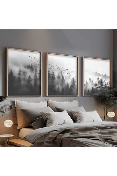 STARYUNA Ahşap Çerçeveli 3'lü Siyah Beyaz Manzara Tablo Yuna6