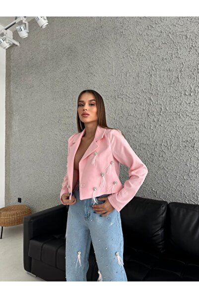 1Moda1Tarz Ροζ Mom Jeans και πέτρα/φούντα με επένδυση - Σετ κάτω-κορυφή