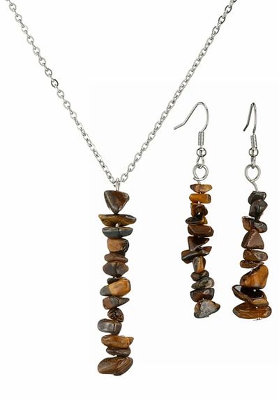 Kusakli Natural Stone Tiger Eye Necklace and Earring Set - Energy and Power Stone