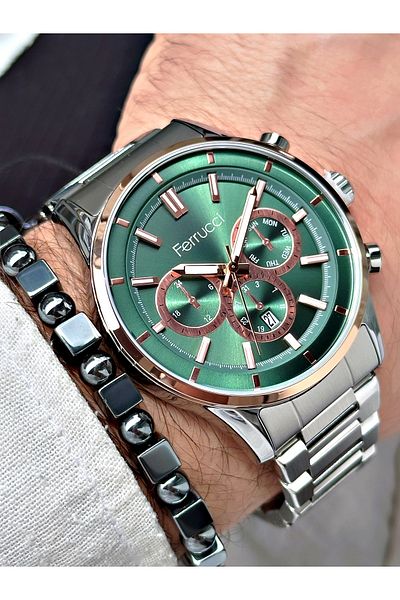 Ferrucci men's Silver Colored Steel Cord Wristwatch and Bracelet Gift Set