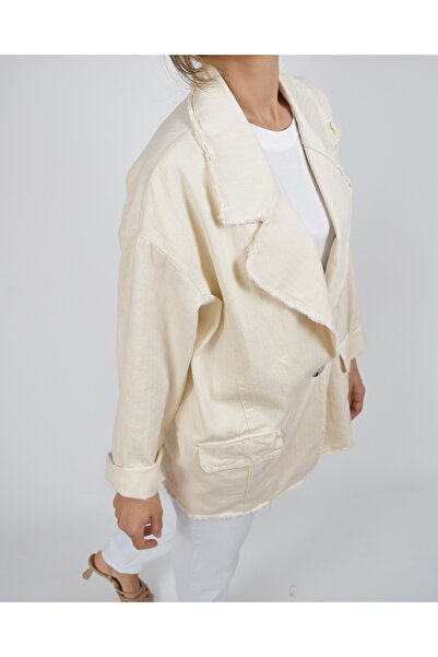 iplik natural boheme Kadın Krem Keten Ceket